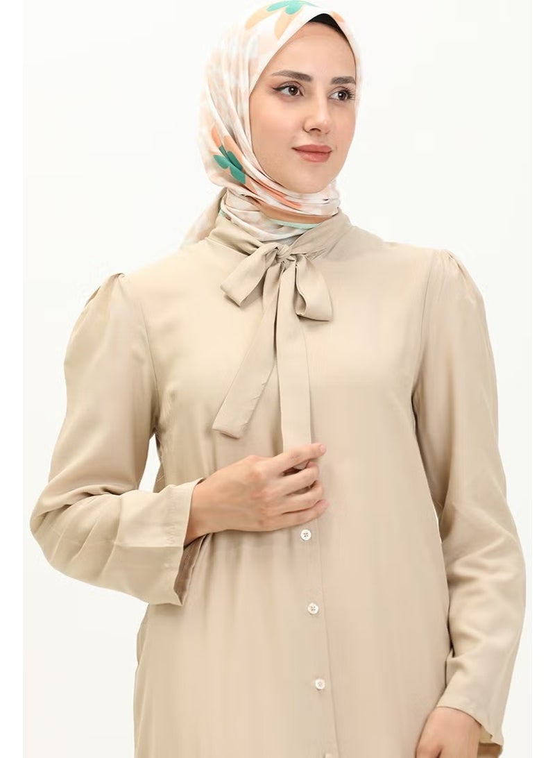 Sefa Merve Tie Collar Buttoned Dress 5111-01 Beige - Image 4